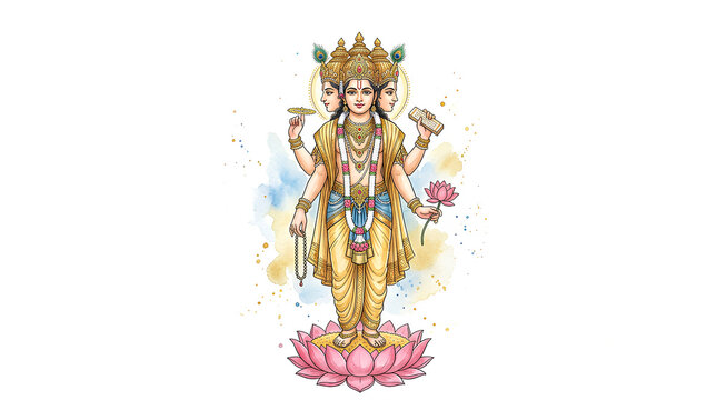 Elegant depiction of the multi-armed Hindu goddess standing on a pink lotus with vibrant jewelry and traditional attire