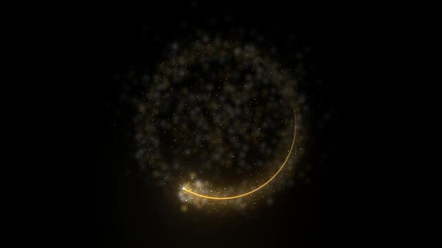 Gold glitter ring turns on pure black around a slowly swirling inner disc of fine warm dust while a bright sparkler head sweeps the outer circle trailing light through the particles