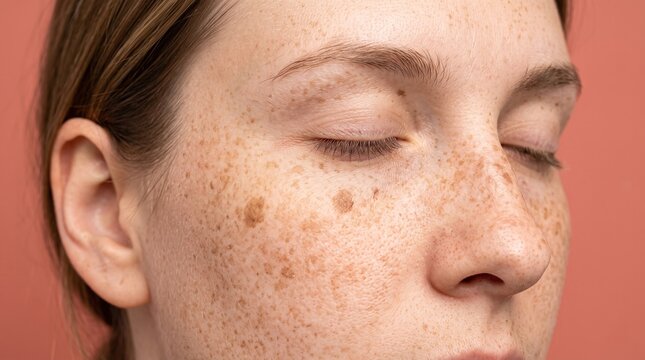 Close up portrait of a woman with closed eyes displaying freckles and melasma on cheek