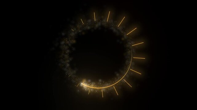 Gold glitter ring turns on pure black as short radial spokes grow outward around it like a crown and a bright sparkler head sweeps the circle leaving the center open for a logo or a title