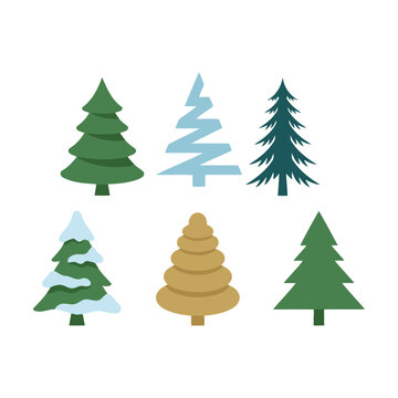 Collection of various stylized pine trees and evergreen forest icons in different colors Vector
