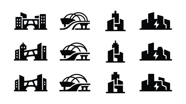 Set of minimalist icons showing various architectural styles and building types