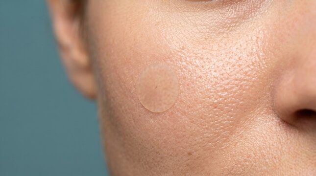 Macro view of a circular hydrocolloid pimple patch absorbing exudate on skin