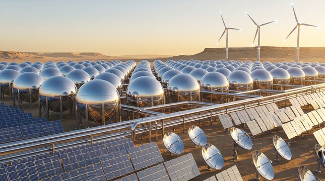 Spherical clean fuel storage tanks with solar panel arrays, parabolic dishes, and wind turbines operating in a desert energy hub at sunset.
