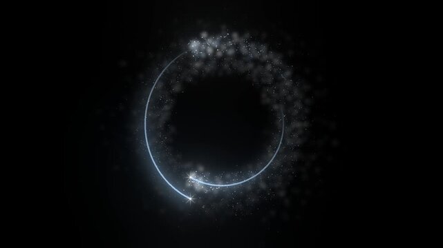 Platinum glitter rings turn in opposite directions on pure black with a sparkler head riding each circle and a soft flare where the two pass leaving the center open for a logo
