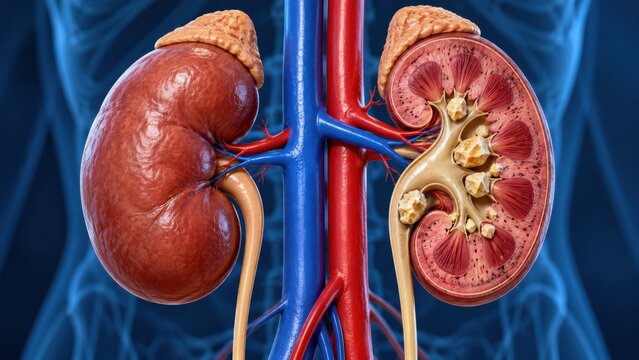 Anatomical cross section diagram of human kidney showing kidney stones in renal pelvis and calyx structure.