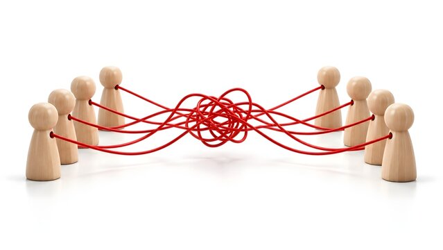 Two groups of wooden peg dolls facing each other with tangled red strings illustrating corporate conflict and complex team negotiations