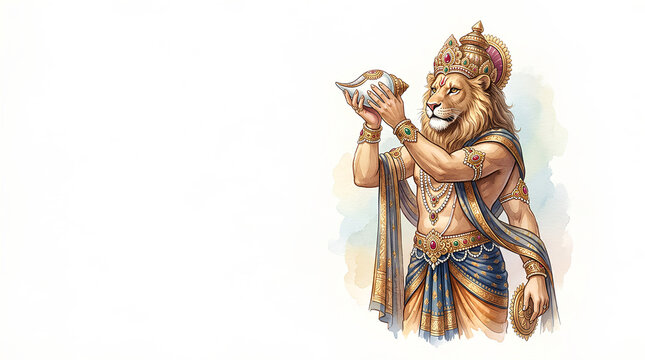 Mythological lion god holding a conch shell in traditional attire with divine ornaments and serene expression