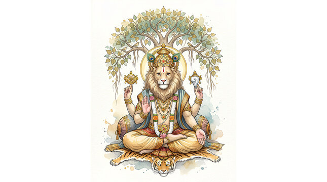 Mythical Lion-Deity with Multi-Armed Hindu Deity in Meditation under a Sacred Tree