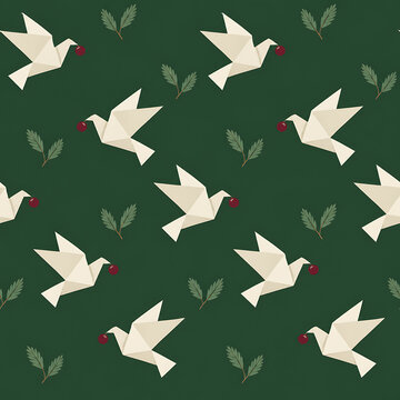 Christmas paper dove pattern with berries on forest green