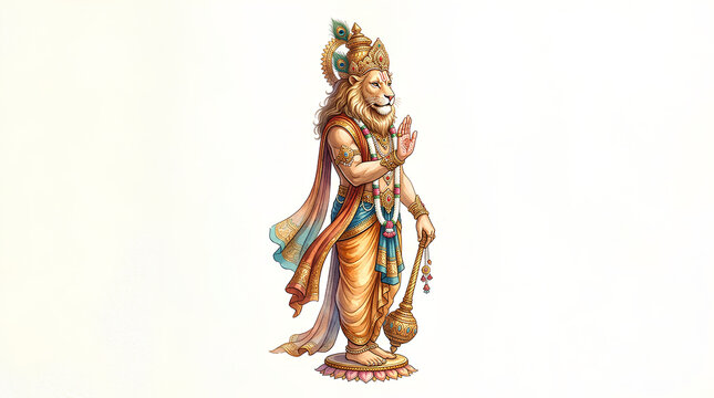 Mythical Lion God of Wisdom and Strength in Traditional Attire with Divine Attributes representing Ancient Spirituality and