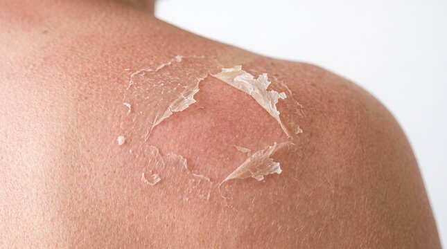 Close up of UV sun damage blistered and exfoliating dead skin on human body