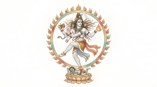 Intricate depiction of a divine multi-armed deity with flowing garments surrounded by flames symbolizing spiritual energy and