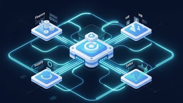 An isometric central ERP hub connecting core department modules like Finance, HR, Supply, and Sales via glowing circuits, symbolizing enterprise resource planning, business management, and data integr
