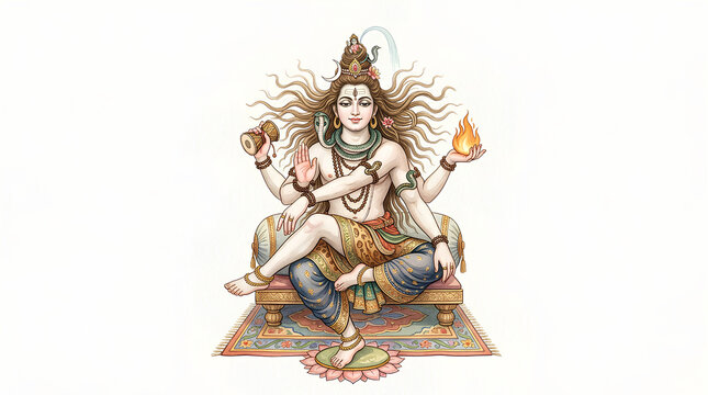 Intricate depiction of a multi-armed divine figure seated on a pedestal with symbolic elements
