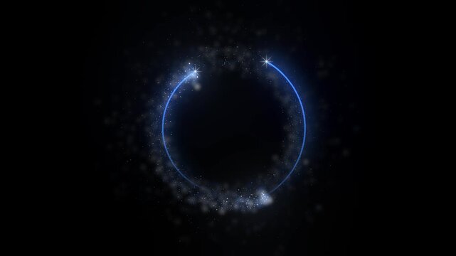 Two sapphire glitter rings sit close together on pure black with sparkler heads running opposite ways around them and a soft halo of dust leaving an open center for a logo