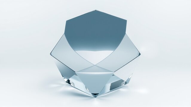 Glass sculpture, geometric form, sharp edges, light reflection, minimalist design. Clean background emphasizes objects shape, texture.
