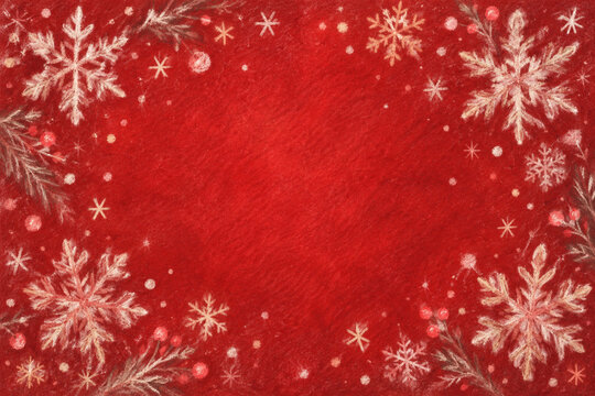 Soft pastel red winter background with chalk snowflakes