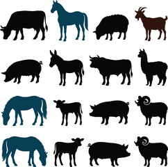 Fototapeta premium A diverse collection of farm animal silhouettes featuring cows horses donkeys pigs and goats presented in a clean and straightforward graphic design style