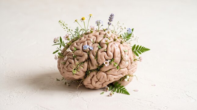 Healing Mind Concept Featuring a Human Brain Decorated with Flora 2