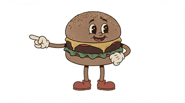 Vintage Hamburger Cartoon Character &ndash; Retro 1930s Style Fast Food Mascot Pointing Left