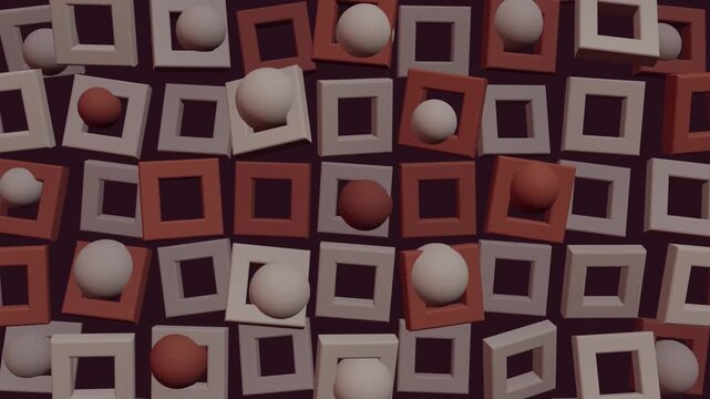 3D geometric pattern with moving spheres and square frames