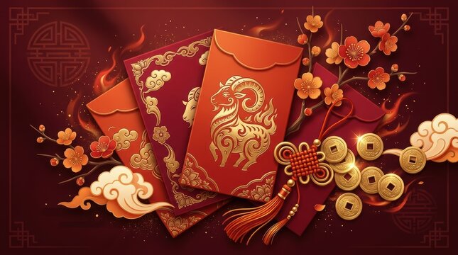 Chinese New Year Year of the Goat red envelope design with golden ram illustration and traditional decorations
