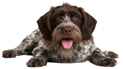 Brown and white German Wirehaired Pointer dog lying down with tongue out © Isadora