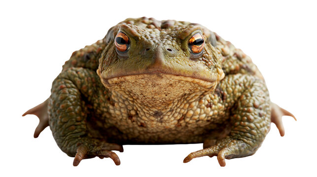Common toad with bumpy olive green skin and bright orange eyes facing forward