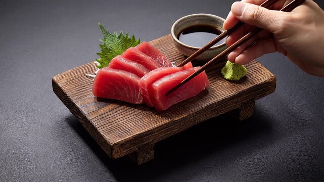 Fresh tuna sashimi with wasabi and soy sauce on board