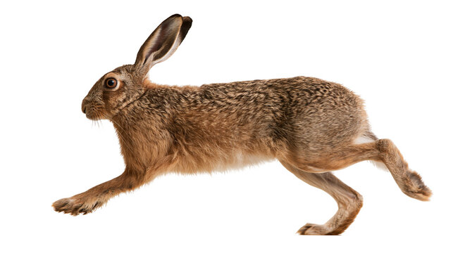 Brown European hare running with long ears and textured fur