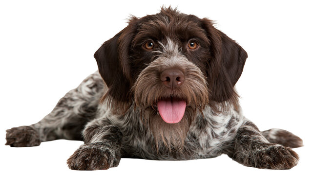 Brown and white German Wirehaired Pointer dog lying down with tongue out