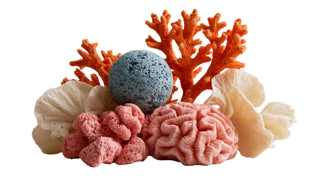 Orange branching coral with brain coral and grey porous volcanic rock stone