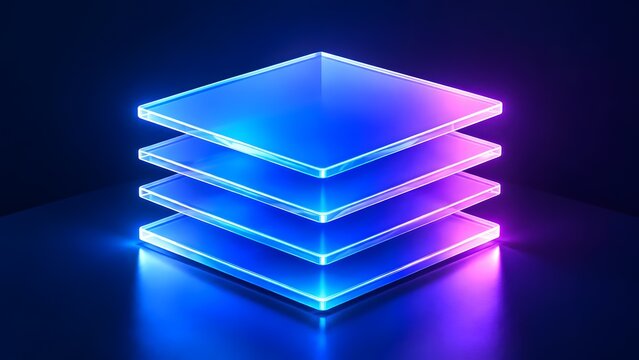Futuristic layered platform emitting vibrant blue and pink neon lighting for digital technology concepts