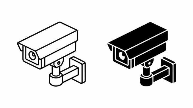 CCTV security camera isometric icon set in line art and solid style