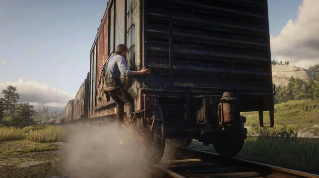 Fearless male action hero hanging onto speeding train amid explosion and flying sparks in dramatic blockbuster stunt scene