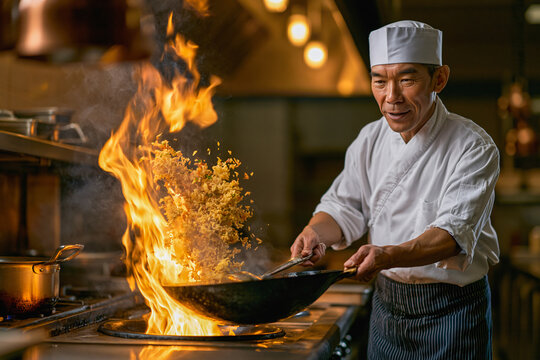 Culinary Mastery in Motion An experienced chef skillfully tosses ingredients in a wok over a blazing flame, creating a dramatic culinary performance in a professional kitchen setting.
