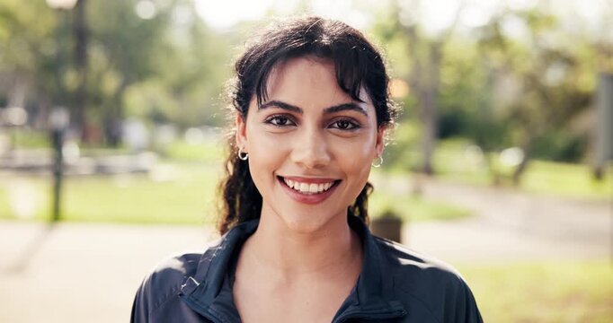 Fitness, face and woman in park with laugh, positive attitude and workout hobby on weekend break. Happy, bokeh and athlete outdoor with joke reaction, confidence and good mood in training activity.