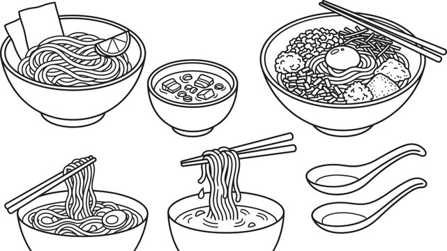 Japanese Tsukemen and Mazesoba Noodle Dishes Line Icon Set Featuring Dipping Ramen Broth, Loaded Dry Noodles, Chopstick Slurp, and Asian Soup Spoons