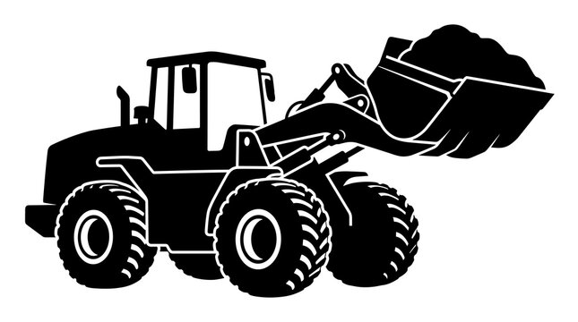 Detailed black silhouette vector illustration of a heavy-duty industrial wheel loader with a front-end bucket filled with soil, isolated on a clean white background for construction design.