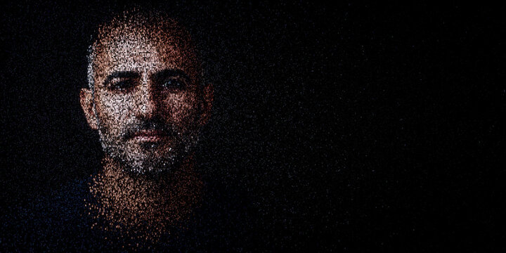 Digital ID Portrait of Middle Eastern Man with Face made up of Numbers and Symbols. Trust framework Concept with copy-space.