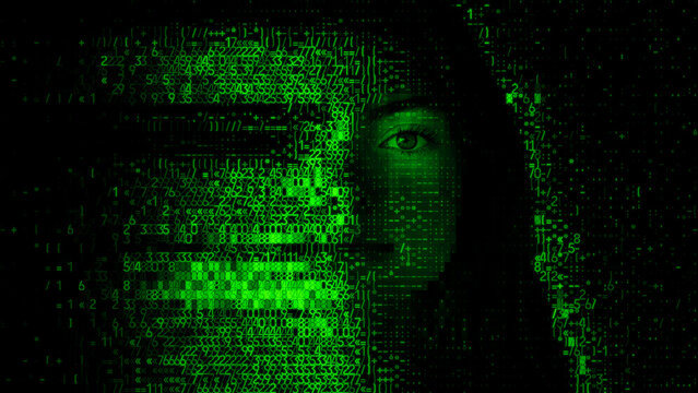 Woman's Face dissolving into Encrypted Code. Deepfake Concept.
