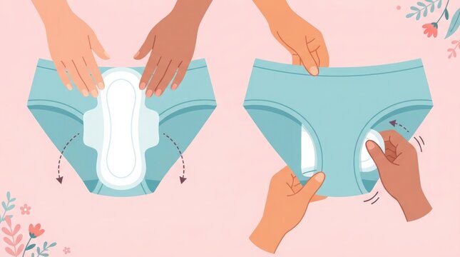 Detailed illustration of sanitary pad application and disposal showing proper hygiene practices for menstrual health and comfort during periods