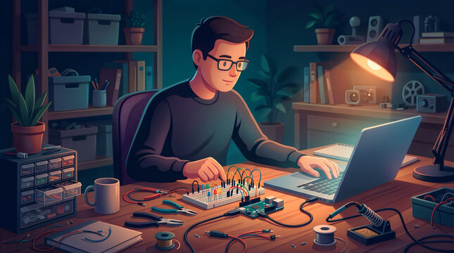 Person programming a microcontroller board with a breadboard, electronics hobby concept, isometric vector illustration