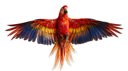 Scarlet macaw parrot with vibrant red yellow and blue feathers in full flight © Isadora