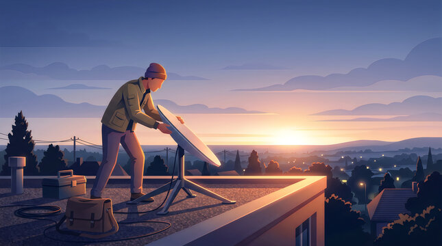 Person adjusting a satellite internet dish on a rooftop, connectivity technology concept, isometric vector illustration