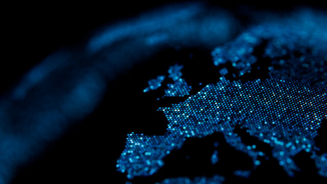 Close up of Digital Planet with France in Radiant Blue Hexagon Tiles. Broadband Concept with copy-space.