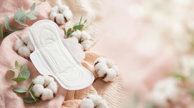 A detailed still life showcasing a sanitary pad amidst soft cotton blooms and delicate foliage representing feminine hygiene and comfort