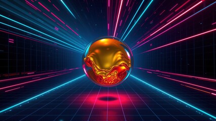 Fototapeta premium Golden sphere radiates light. Neon lines converge toward center, creating futuristic tunnel effect. Dark background enhances vibrant colors.