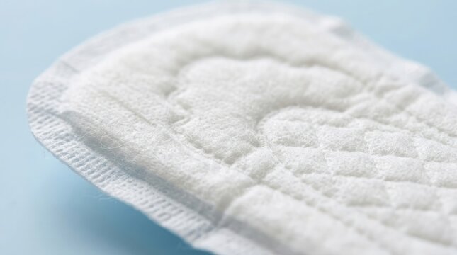 Detailed close up examination of a feminine hygiene product specifically a sanitary pad showcasing its absorbent core and textured surface for comfort